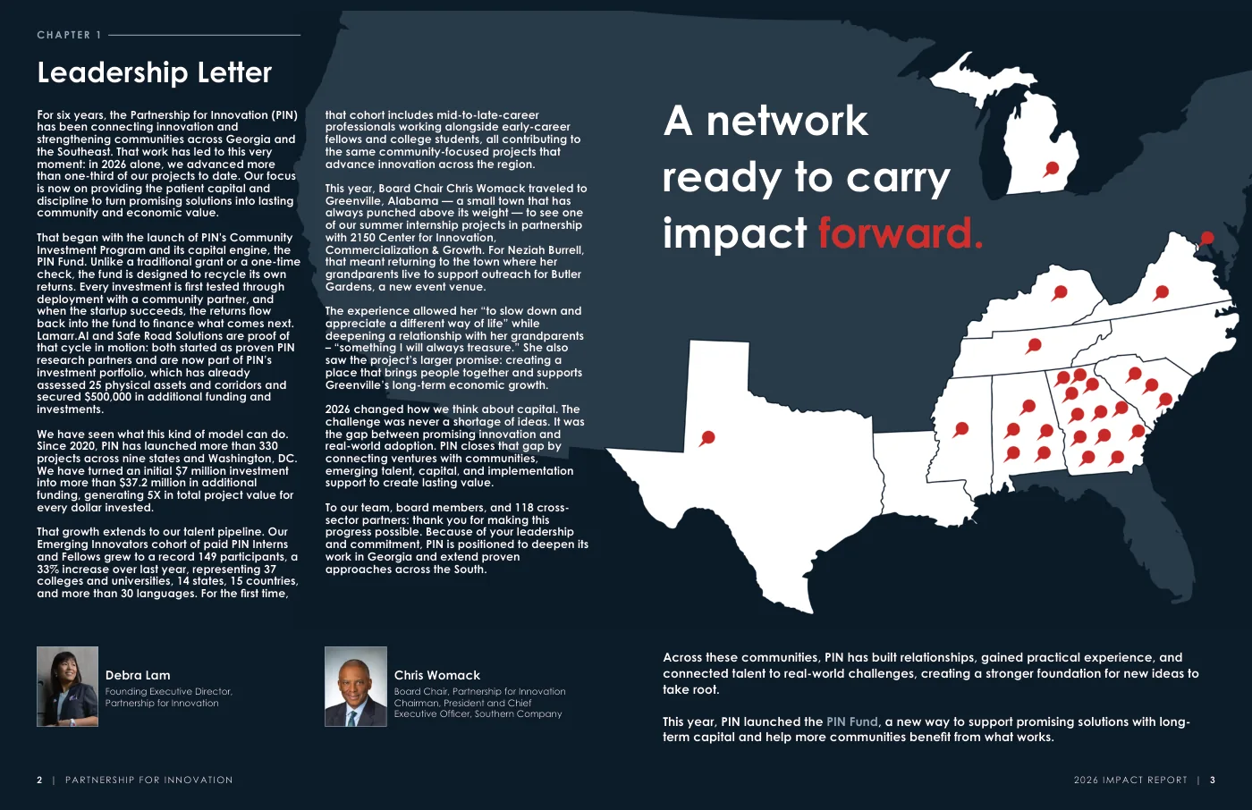 Leadership letter spread from Debra Lam and Chris Womack